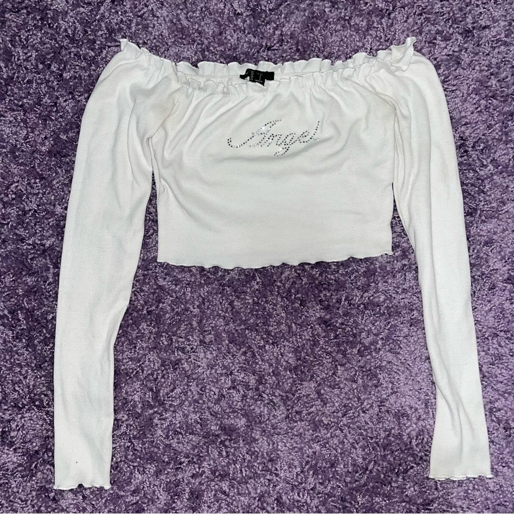 forever 21 "angel" rhinestone off shoulder top